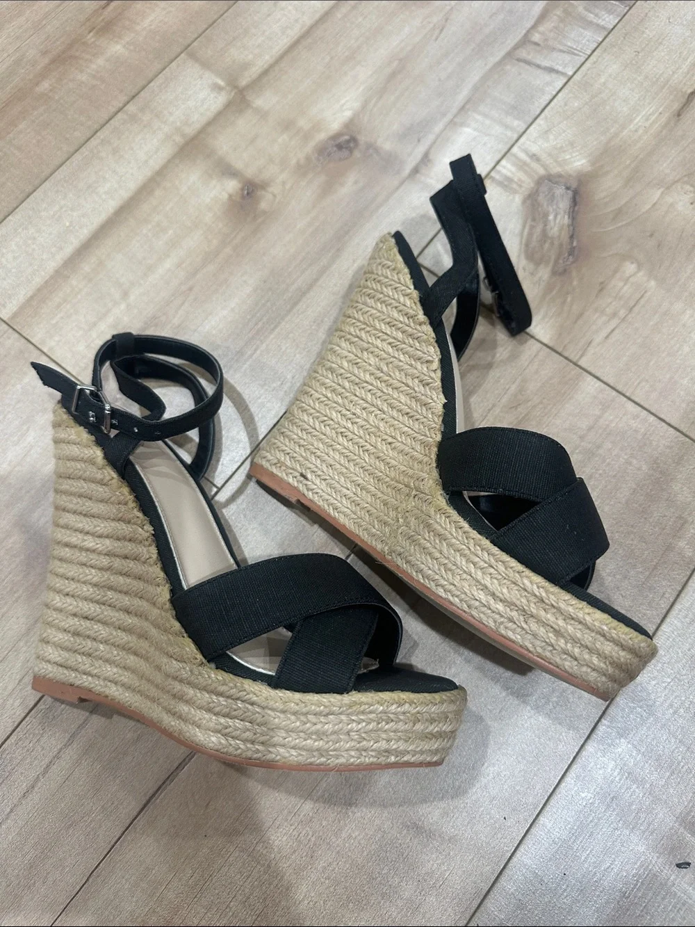 Women’s Black Wedge Sandals with Ankle Strap